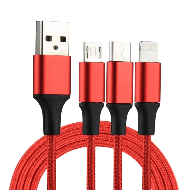 2A 1.2m 3 in 1 USB to 8 Pin & USB-C / Type-C & Micro USB Nylon Weave Charging Cable(Red) by buy2fix