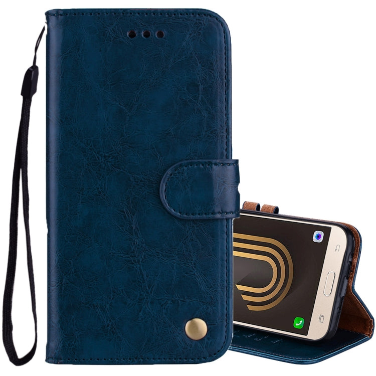 For Galaxy J3 (2017) / J330 (EU Version) Business Style Oil Wax Texture Horizontal Flip Leather Case with Holder & Card Slots & Wallet(Blue) by buy2fix