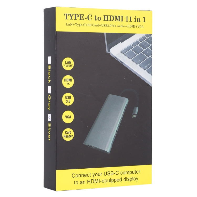 11 in 1 VGA + LAN Port + 4 x USB 3.0 + SD / TF Card + HDMI + Audio Port + USB-C / Type-C Female to USB-C / Type-C HUB Adapter (Silver) by buy2fix