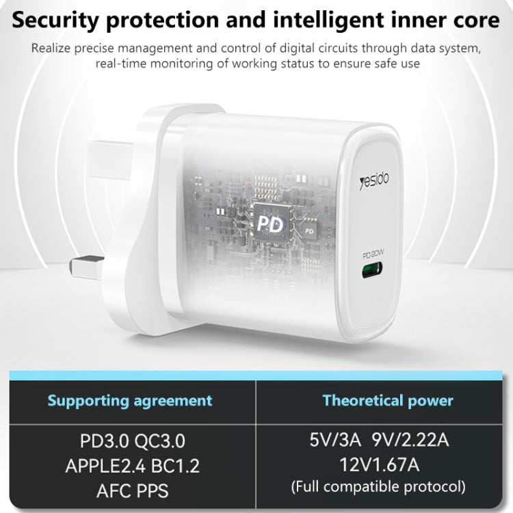 Yesido YC76L PD 20W USB-C / Type-C Port Quick Charger with Type-C to 8 Pin Cable, UK Plug (White) - USB Charger by Yesido | Online Shopping UK | buy2fix
