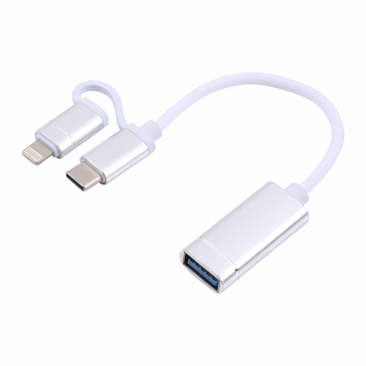 USB 3.0 Female to 8 Pin + USB-C / Type-C Male Charging + Transmission OTG Nylon Braided Adapter Cable, Cable Length: 11cm(Silver + White) by buy2fix