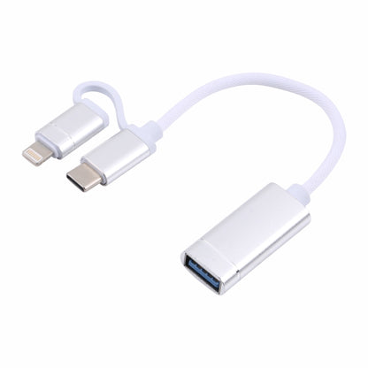 USB 3.0 Female to 8 Pin + USB-C / Type-C Male Charging + Transmission OTG Nylon Braided Adapter Cable, Cable Length: 11cm(Silver + White) by buy2fix