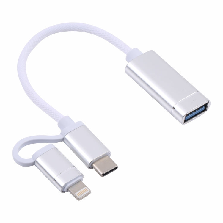 USB 3.0 Female to 8 Pin + USB-C / Type-C Male Charging + Transmission OTG Nylon Braided Adapter Cable, Cable Length: 11cm(Silver + White) by buy2fix