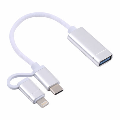 USB 3.0 Female to 8 Pin + USB-C / Type-C Male Charging + Transmission OTG Nylon Braided Adapter Cable, Cable Length: 11cm(Silver + White) by buy2fix