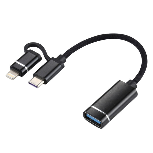 USB 3.0 Female to 8 Pin + USB-C / Type-C Male Charging + Transmission OTG Nylon Braided Adapter Cable, Cable Length: 11cm(Black) by buy2fix