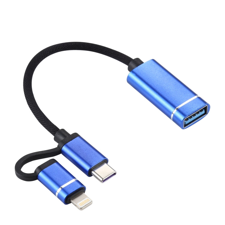 USB 3.0 Female to 8 Pin + USB-C / Type-C Male Charging + Transmission OTG Nylon Braided Adapter Cable, Cable Length: 11cm(Blue) by buy2fix