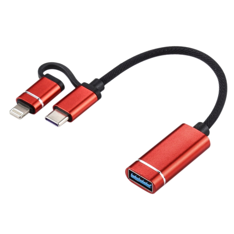 USB 3.0 Female to 8 Pin + USB-C / Type-C Male Charging + Transmission OTG Nylon Braided Adapter Cable, Cable Length: 11cm(Red) by buy2fix