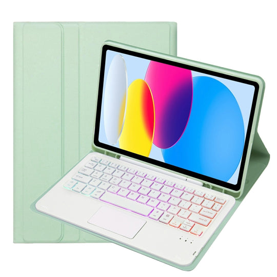 For iPad 11 2025 / 10th Gen 10.9 2022 A10B-AS Lambskin Texture Backlight Bluetooth Touch Keyboard Leather Tablet Case with Pen Slot (Green)