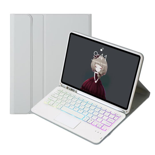 For iPad 11 2025 / 10th Gen 10.9 2022 A10B-AS Lambskin Texture Backlight Bluetooth Touch Keyboard Leather Tablet Case with Pen Slot (Grey)