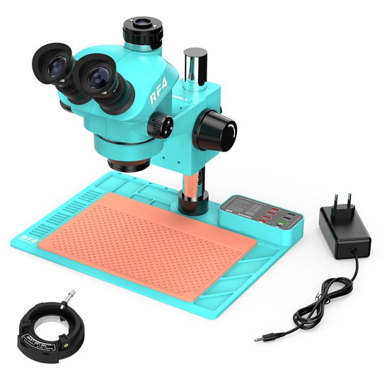 RF4 RF-7050TVA9 7X-50X Synchronous Zoom Trinocular Stereo Microscope with USB Charging Station (EU Plug)