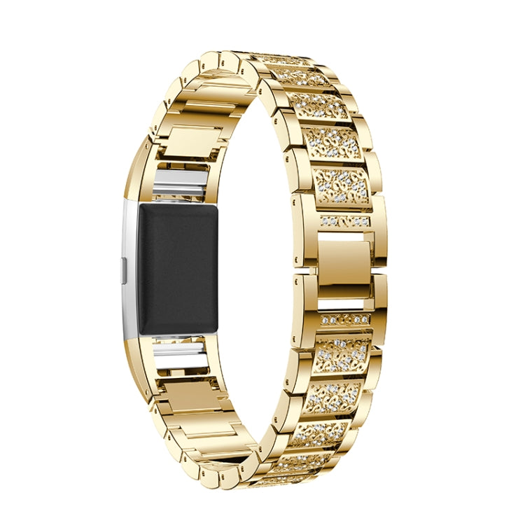 Diamond-studded Solid Stainless Steel Watch Band for Fitbit Charge 2(Gold) - Watch Bands by buy2fix | Online Shopping UK | buy2fix
