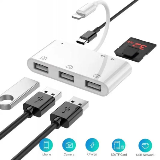 ZS-S1852 6 in 1 3 USB Female to 8 Pin Male OTG Camera Card Reader Adapter with SD & TF Card & 8 Pin Charging Interface, Support All iOS System by buy2fix