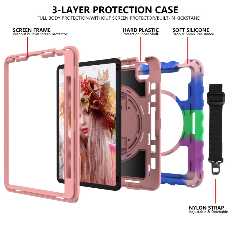 For iPad Air 2022 / 2020 10.9 360 Degree Rotation PC + Silicone Shockproof Combination Case with Holder & Hand Grip Strap & Neck Strap & Pen Slot Holder(Colorful+Rose Gold) - iPad Air (2022) / (2020) 10.9 Cases by buy2fix | Online Shopping UK | buy2fix