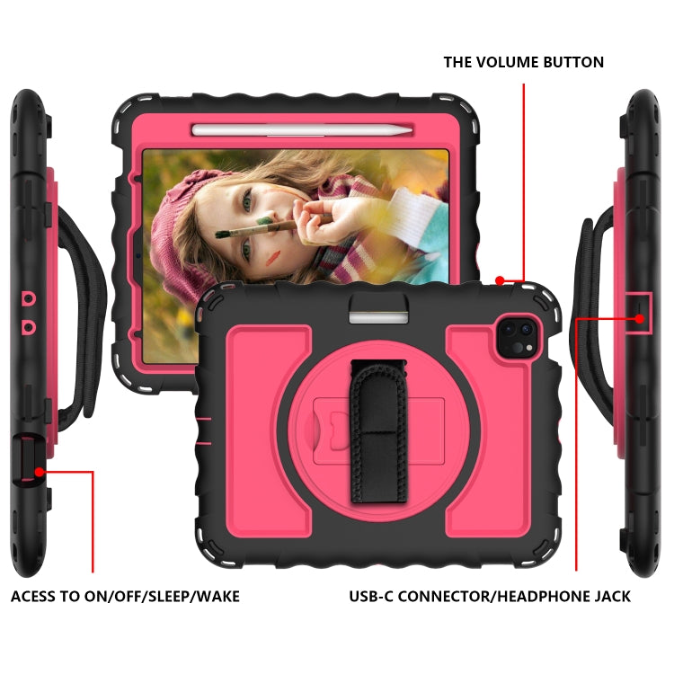 For iPad Air 2022 / 2020 10.9 360 Degree Rotation PC + Silicone Shockproof Combination Case with Holder & Hand Grip Strap & Neck Strap & Pen Slot Holder(Black+Hot Pink) - iPad Air (2022) / (2020) 10.9 Cases by buy2fix | Online Shopping UK | buy2fix