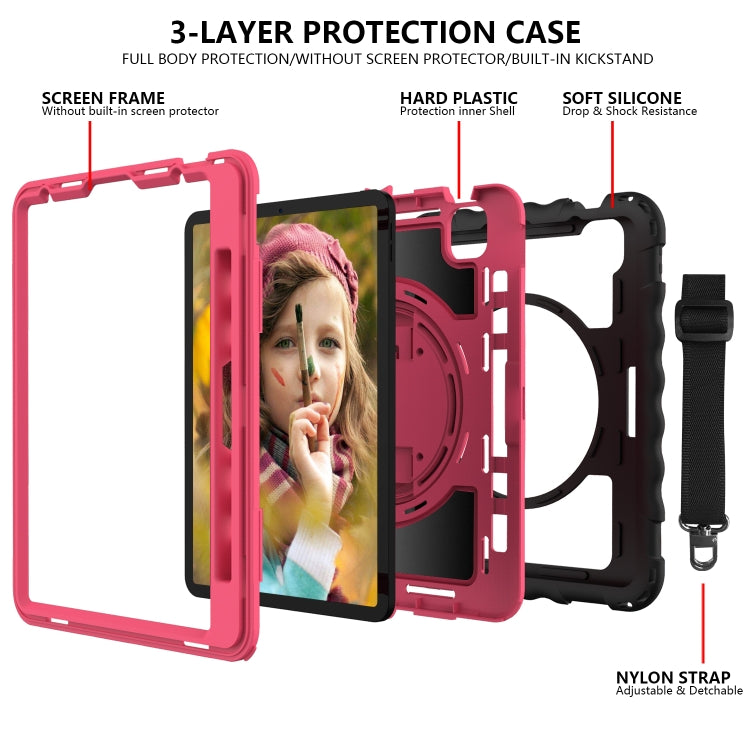 For iPad Air 2022 / 2020 10.9 360 Degree Rotation PC + Silicone Shockproof Combination Case with Holder & Hand Grip Strap & Neck Strap & Pen Slot Holder(Black+Hot Pink) - iPad Air (2022) / (2020) 10.9 Cases by buy2fix | Online Shopping UK | buy2fix