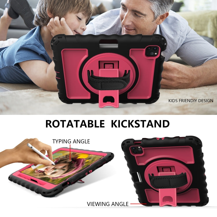 For iPad Air 2022 / 2020 10.9 360 Degree Rotation PC + Silicone Shockproof Combination Case with Holder & Hand Grip Strap & Neck Strap & Pen Slot Holder(Black+Hot Pink) - iPad Air (2022) / (2020) 10.9 Cases by buy2fix | Online Shopping UK | buy2fix