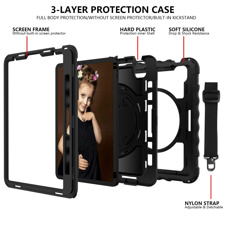 For iPad Air 2022 / 2020 10.9 360 Degree Rotation PC + Silicone Shockproof Combination Case with Holder & Hand Grip Strap & Neck Strap & Pen Slot Holder(Black) - iPad Air (2022) / (2020) 10.9 Cases by buy2fix | Online Shopping UK | buy2fix