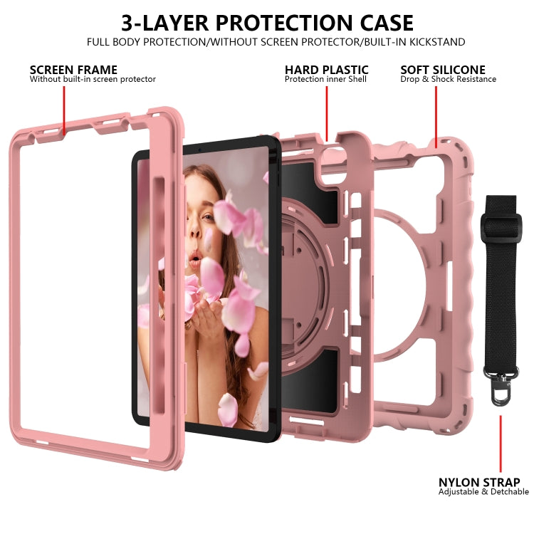 For iPad Air 2022 / 2020 10.9 360 Degree Rotation PC + Silicone Shockproof Combination Case with Holder & Hand Grip Strap & Neck Strap & Pen Slot Holder(Rose Gold) - iPad Air (2022) / (2020) 10.9 Cases by buy2fix | Online Shopping UK | buy2fix