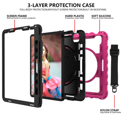 For iPad Air 2022 / 2020 10.9 360 Degree Rotation PC + Silicone Shockproof Combination Case with Holder & Hand Grip Strap & Neck Strap & Pen Slot Holder(Hot Pink) - iPad Air (2022) / (2020) 10.9 Cases by buy2fix | Online Shopping UK | buy2fix