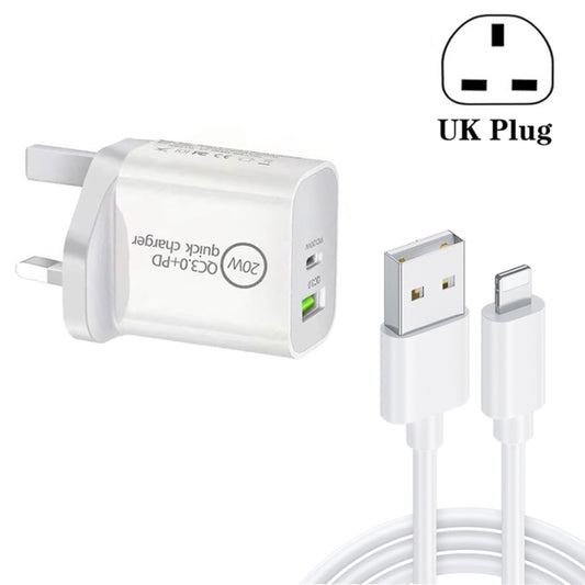 SDC-20WA+C 20W PD 3.0 + QC 3.0 USB Dual Fast Charging Universal Travel Charger with USB to 8 Pin Fast Charging Data Cable, UK Plug - USB Charger by buy2fix | Online Shopping UK | buy2fix