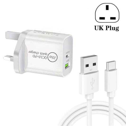 SDC-20WA+C 20W PD 3.0 + QC 3.0 USB Dual Fast Charging Universal Travel Charger with USB to Type-C / USB-C Fast Charging Data Cable, UK Plug - USB Charger by buy2fix | Online Shopping UK | buy2fix
