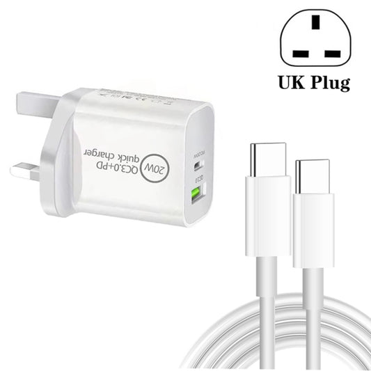 SDC-20WA+C 20W PD 3.0 + QC 3.0 USB Dual Port Fast Charging Universal Travel Charger with Type-C / USB-C to Type-C / USB-C Fast Charging Data Cable, UK Plug - USB Charger by buy2fix | Online Shopping UK | buy2fix