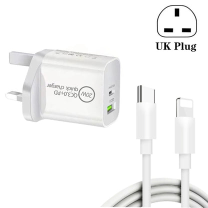 SDC-20WA+C 20W PD + QC 3.0 USB Dual Fast Charging Universal Travel Charger with Type-C / USB-C to 8 Pin Fast Charging Data Cable, UK Plug - USB Charger by buy2fix | Online Shopping UK | buy2fix