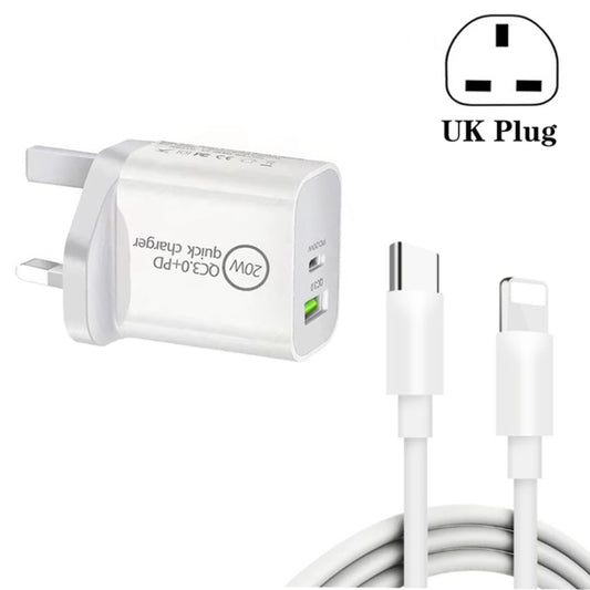 SDC-20WA+C 20W PD + QC 3.0 USB Dual Fast Charging Universal Travel Charger with Type-C / USB-C to 8 Pin Fast Charging Data Cable, UK Plug - USB Charger by buy2fix | Online Shopping UK | buy2fix