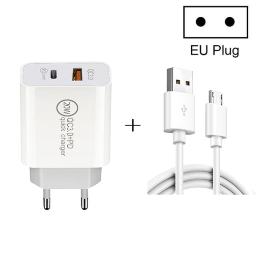 20W PD Type-C + QC 3.0 USB Interface Fast Charging Travel Charger with USB to Micro USB Fast Charge Data Cable EU Plug - USB Charger by buy2fix | Online Shopping UK | buy2fix