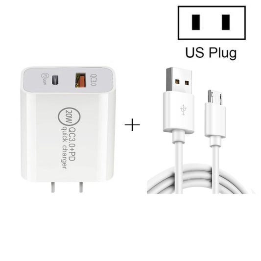 20W PD Type-C + QC 3.0 USB Interface Fast Charging Travel Charger with USB to Micro USB Fast Charge Data Cable US Plug - USB Charger by buy2fix | Online Shopping UK | buy2fix
