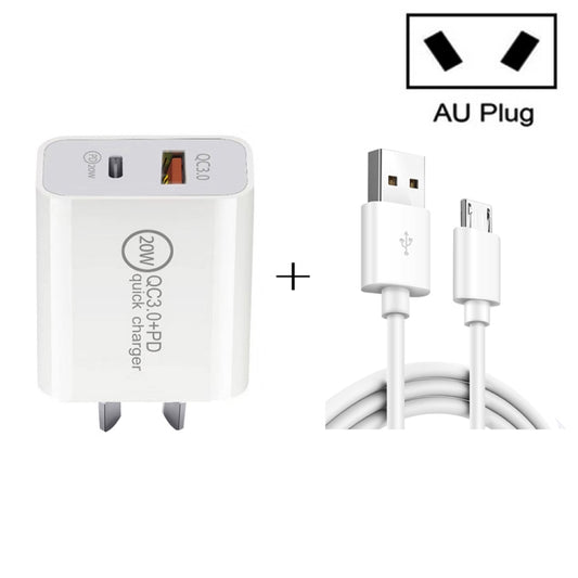 TCS-20WACA 20W PD Type-C + QC 3.0 USB Interface Fast Charging Travel Charger with USB to Micro USB Fast Charge Data Cable AU Plug - USB Charger by buy2fix | Online Shopping UK | buy2fix