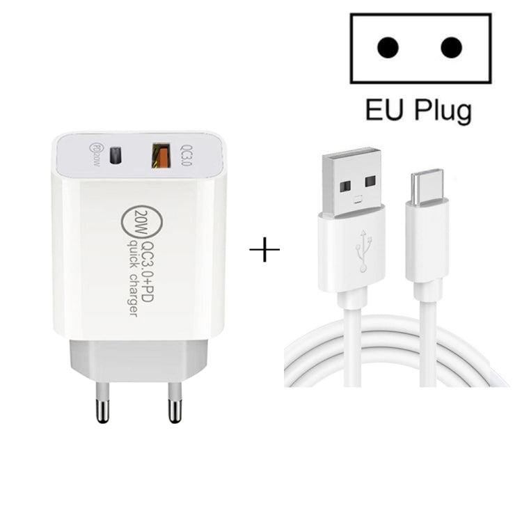 20W PD Type-C + QC 3.0 USB Interface Fast Charging Travel Charger with USB to Type-C Fast Charge Data Cable EU Plug - USB Charger by buy2fix | Online Shopping UK | buy2fix