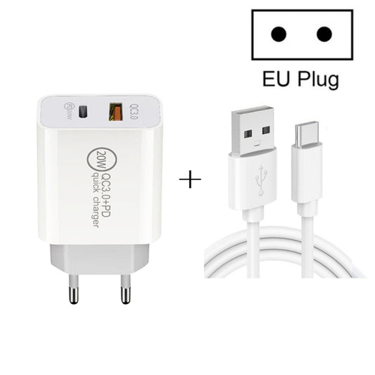 20W PD Type-C + QC 3.0 USB Interface Fast Charging Travel Charger with USB to Type-C Fast Charge Data Cable EU Plug - USB Charger by buy2fix | Online Shopping UK | buy2fix