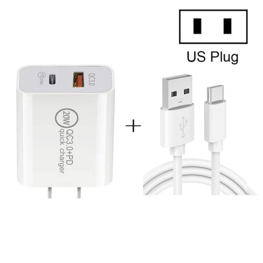 20W PD Type-C + QC 3.0 USB Interface Fast Charging Travel Charger with USB to Type-C Fast Charge Data Cable US Plug - USB Charger by buy2fix | Online Shopping UK | buy2fix