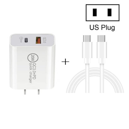 20W PD Type-C + QC 3.0 USB Interface Fast Charging Travel Charger with USB-C / Type-C to Type-C Fast Charge Data Cable US Plug - USB-C & Type-C Cable by buy2fix | Online Shopping UK | buy2fix