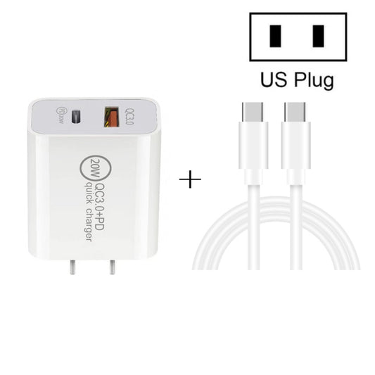 20W PD Type-C + QC 3.0 USB Interface Fast Charging Travel Charger with USB-C / Type-C to Type-C Fast Charge Data Cable US Plug - USB-C & Type-C Cable by buy2fix | Online Shopping UK | buy2fix