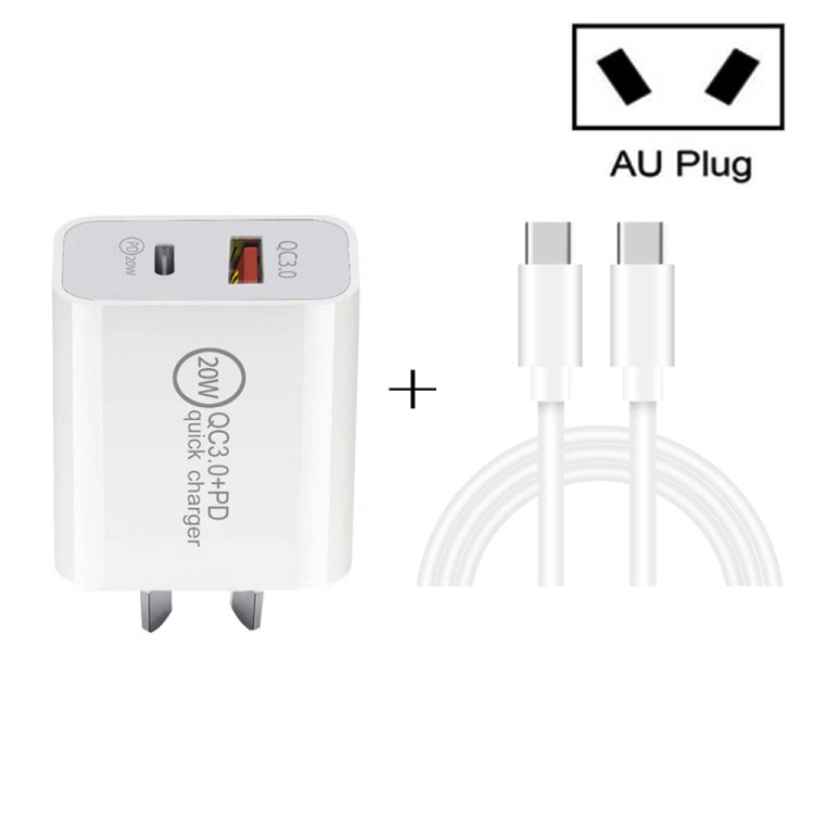 TCS-20WACA 20W PD Type-C + QC 3.0 USB Interface Fast Charging Travel Charger with USB-C / Type-C to Type-C Fast Charge Data Cable AU Plug - USB-C & Type-C Cable by buy2fix | Online Shopping UK | buy2fix
