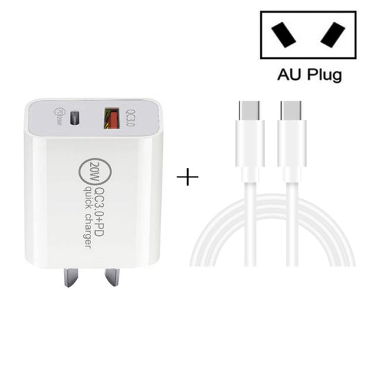 TCS-20WACA 20W PD Type-C + QC 3.0 USB Interface Fast Charging Travel Charger with USB-C / Type-C to Type-C Fast Charge Data Cable AU Plug - USB-C & Type-C Cable by buy2fix | Online Shopping UK | buy2fix