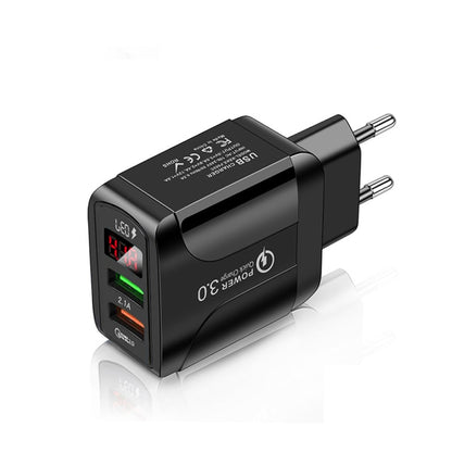 F002C QC3.0 USB + USB 2.0 Fast Charger with LED Digital Display for Mobile Phones and Tablets, EU Plug(Black) - USB Charger by buy2fix | Online Shopping UK | buy2fix