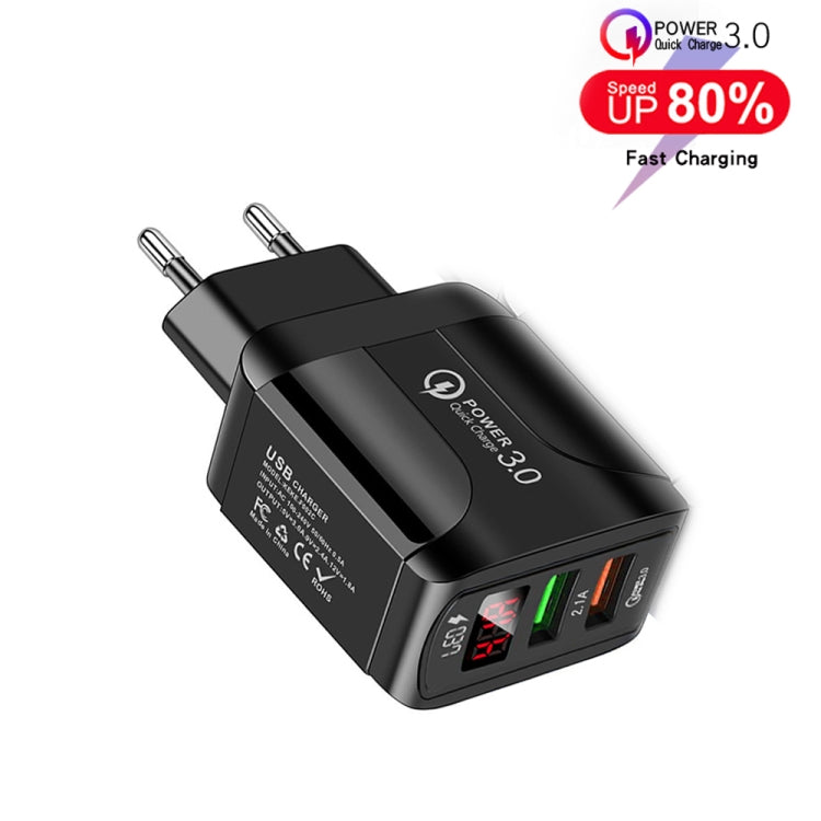 F002C QC3.0 USB + USB 2.0 Fast Charger with LED Digital Display for Mobile Phones and Tablets, EU Plug(Black) - USB Charger by buy2fix | Online Shopping UK | buy2fix