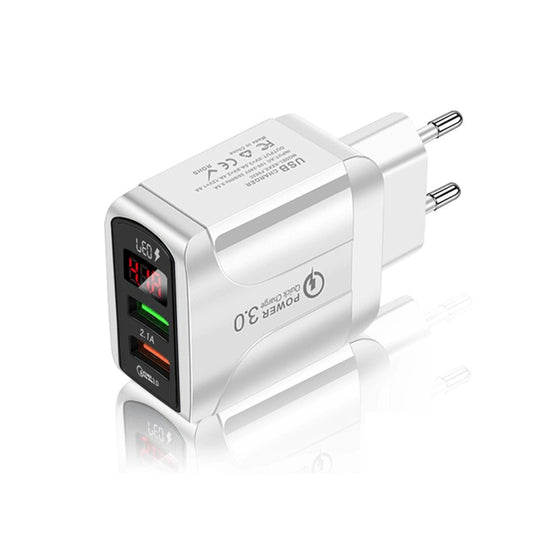 F002C QC3.0 USB + USB 2.0 Fast Charger with LED Digital Display for Mobile Phones and Tablets, EU Plug(White) - USB Charger by buy2fix | Online Shopping UK | buy2fix