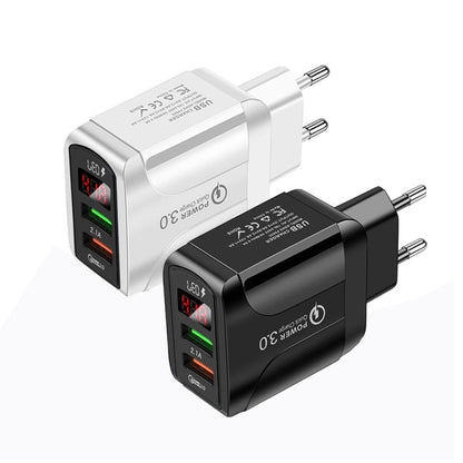 F002C QC3.0 USB + USB 2.0 Fast Charger with LED Digital Display for Mobile Phones and Tablets, EU Plug(Black) - USB Charger by buy2fix | Online Shopping UK | buy2fix