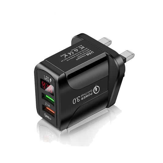 F002C QC3.0 USB + USB 2.0 Fast Charger with LED Digital Display for Mobile Phones and Tablets, UK Plug(Black) - USB Charger by buy2fix | Online Shopping UK | buy2fix