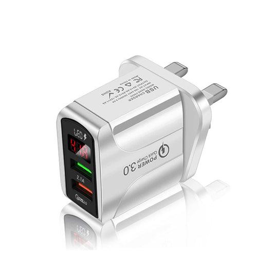 F002C QC3.0 USB + USB 2.0 Fast Charger with LED Digital Display for Mobile Phones and Tablets, UK Plug(White) - USB Charger by buy2fix | Online Shopping UK | buy2fix