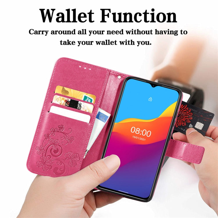 For Ulefone Note 10 Four-leaf Clasp Embossed Buckle Mobile Phone Protection Leather Case with Lanyard & Card Slot & Wallet & Bracket Function(Magenta) by buy2fix