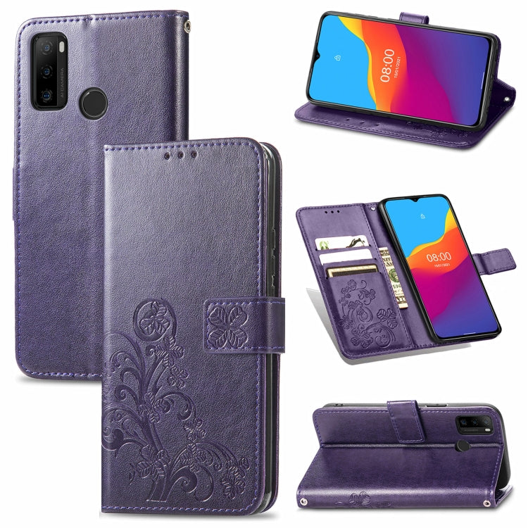 For Ulefone Note 10 Four-leaf Clasp Embossed Buckle Mobile Phone Protection Leather Case with Lanyard & Card Slot & Wallet & Bracket Function(Purple) by buy2fix