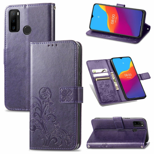 For Ulefone Note 10 Four-leaf Clasp Embossed Buckle Mobile Phone Protection Leather Case with Lanyard & Card Slot & Wallet & Bracket Function(Purple) by buy2fix