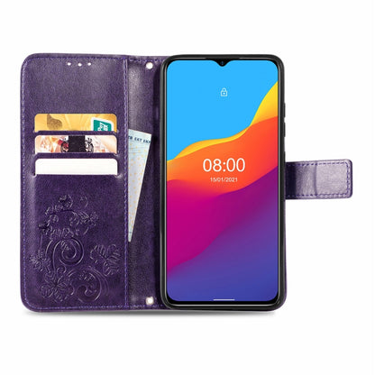 For Ulefone Note 10 Four-leaf Clasp Embossed Buckle Mobile Phone Protection Leather Case with Lanyard & Card Slot & Wallet & Bracket Function(Purple) by buy2fix