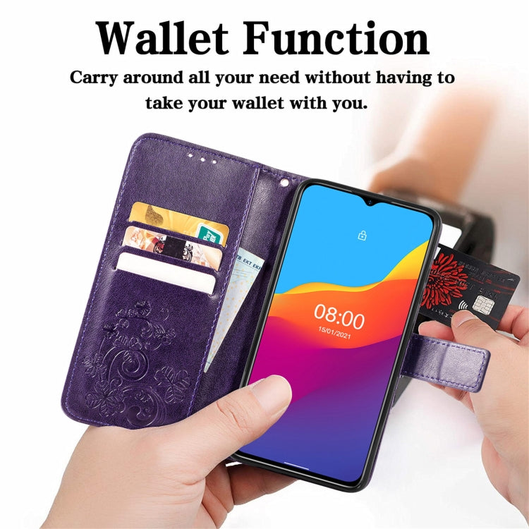 For Ulefone Note 10 Four-leaf Clasp Embossed Buckle Mobile Phone Protection Leather Case with Lanyard & Card Slot & Wallet & Bracket Function(Purple) by buy2fix