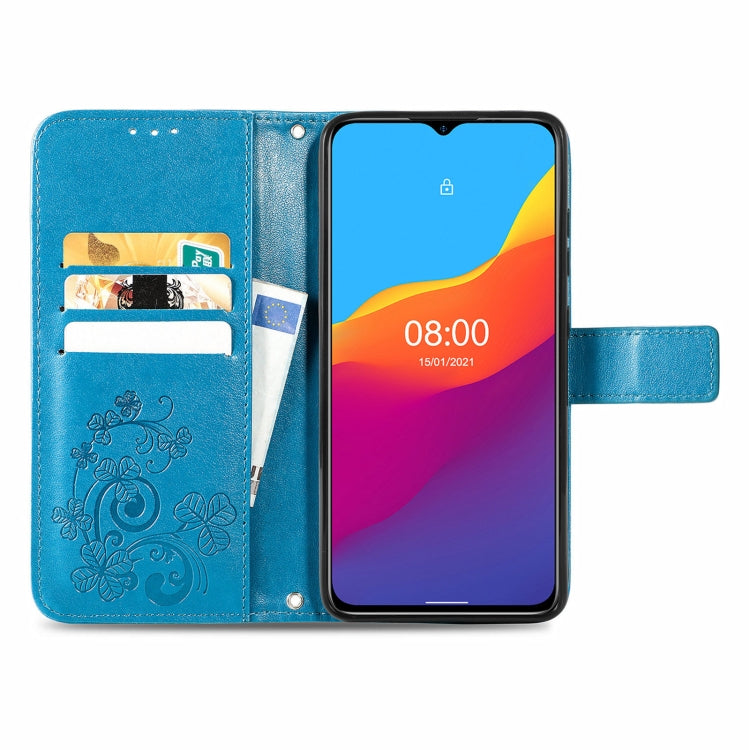 For Ulefone Note 10 Four-leaf Clasp Embossed Buckle Mobile Phone Protection Leather Case with Lanyard & Card Slot & Wallet & Bracket Function(Blue) by buy2fix